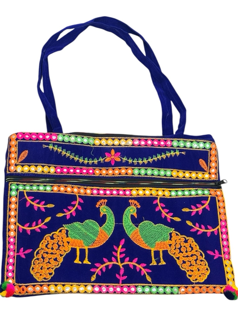 Blue Velvet Peacock Embroidered Tote Bag Boho Mirror Work Pom Pom Zip Purse